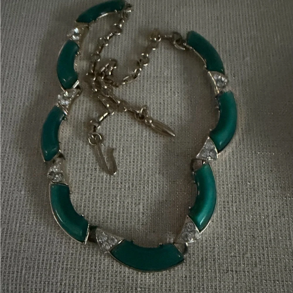 Vintage Art Deci Teal Crescent Link Necklace - Women Jewelry